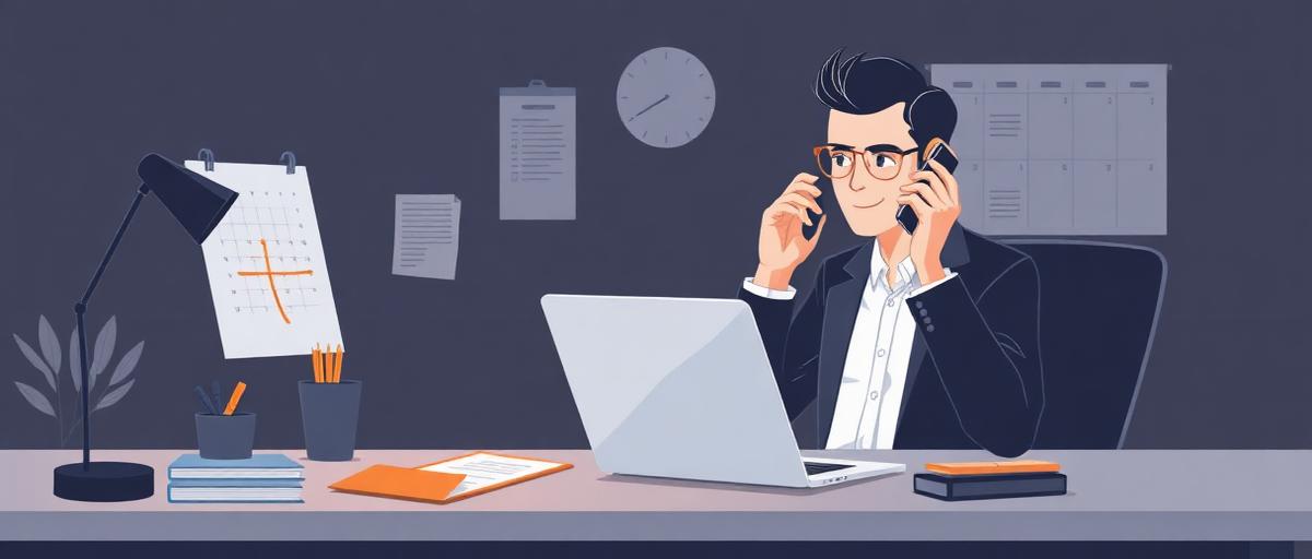 Vendedor B2B fazendo follow-up estruturado no notebook com calendário de cadência