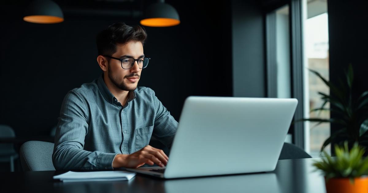 Vendedor B2B prospectando com disciplina e rotina estruturada em escritório moderno